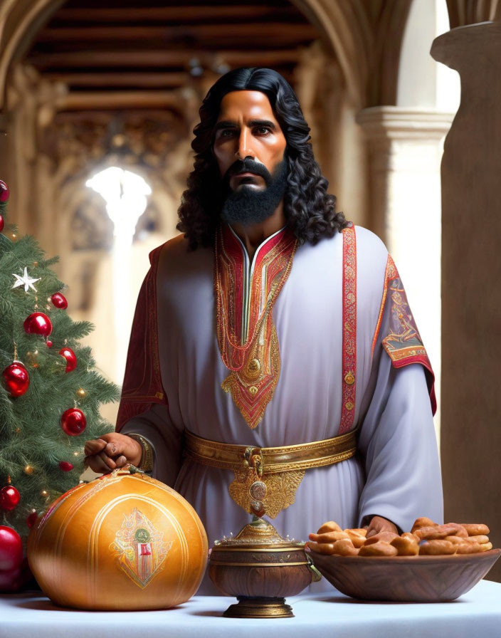 Man with long hair and beard by Christmas tree in historical attire holding golden globe