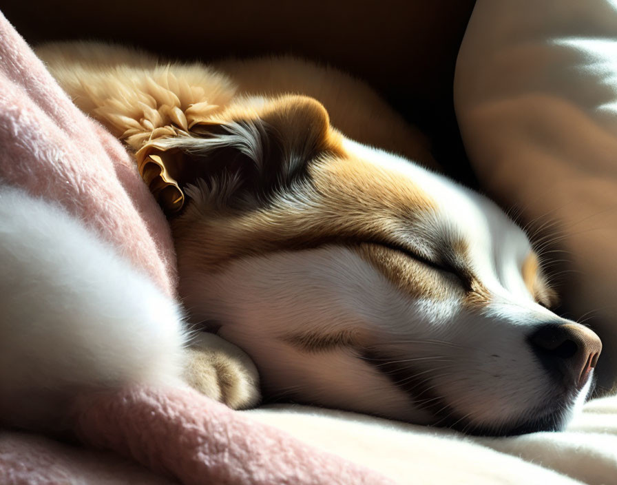 Dog peacefully napping in sunlit spot on pink blanket