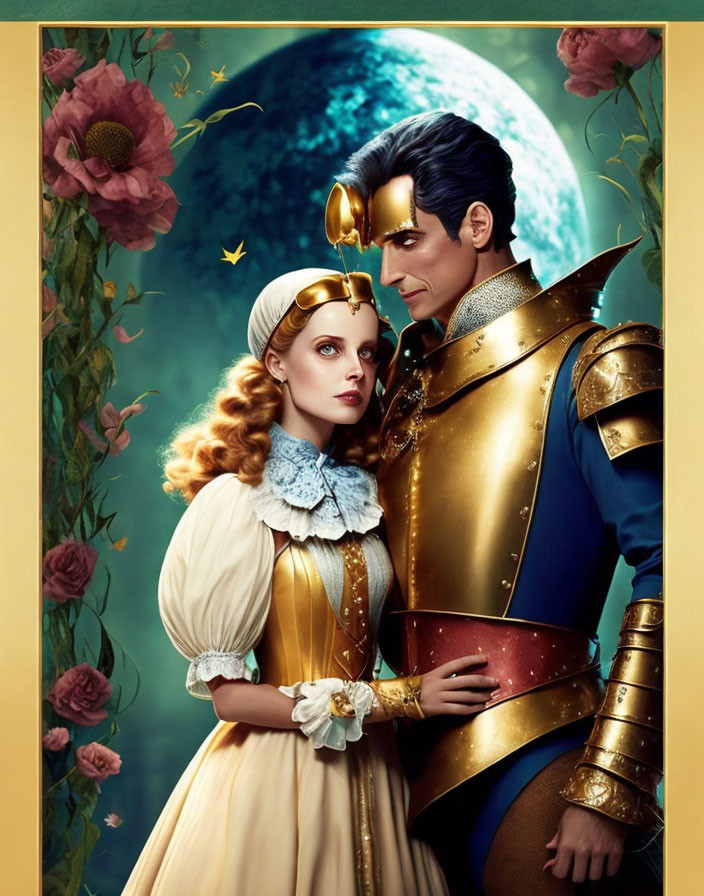 Illustration of man in blue and gold armor embracing woman in vintage dress under full moon and flowers