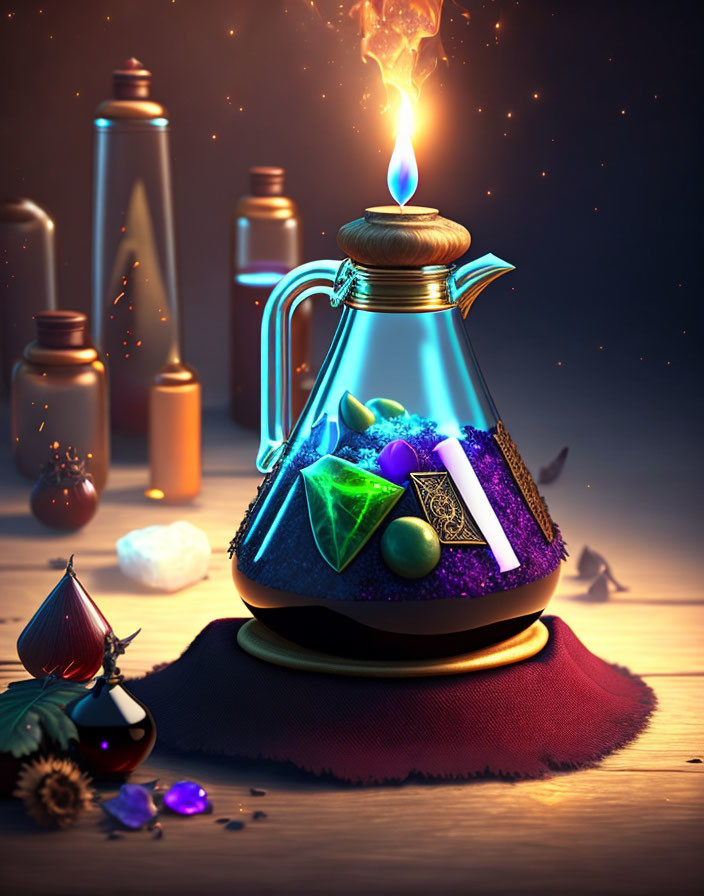 Mystical Potion Brewing Scene with Teapot, Crystals, and Candles