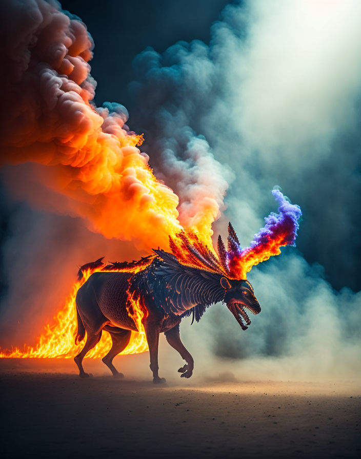 Fiery skeletal dragon digital artwork with purple flames on dark background