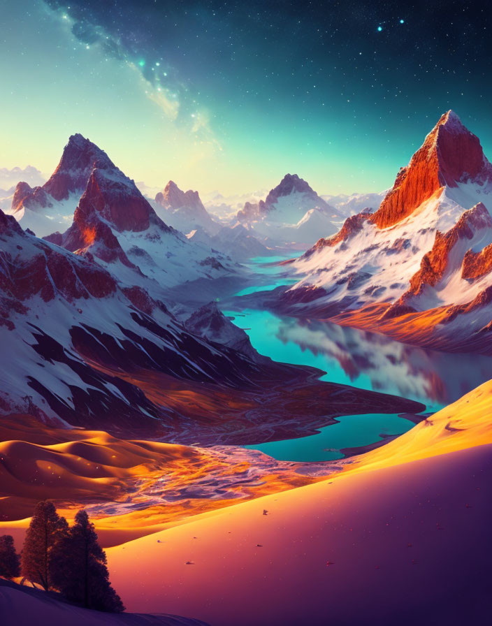 Vibrant surreal landscape: orange sands, blue waters, snow-capped mountains