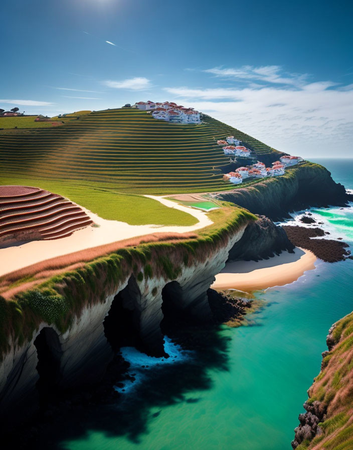 Coastal landscape with terraced fields, white buildings on cliff, sea caves, clear blue sky