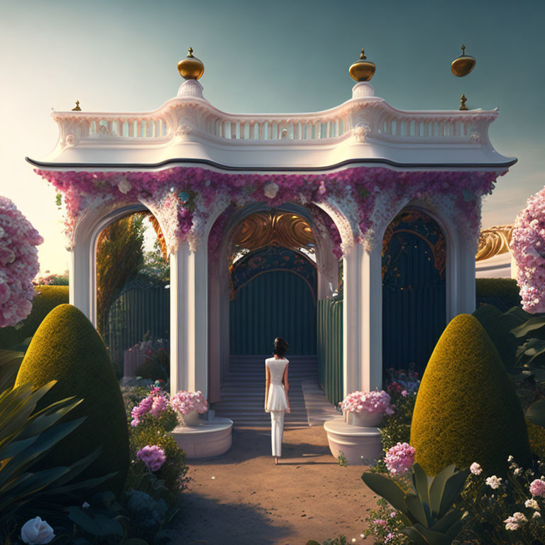 Child in white standing before ornate gate in tranquil garden at dusk