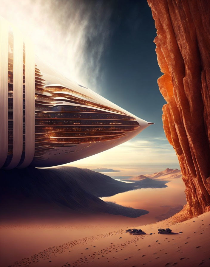 Futuristic spaceship on desert with towering cliffs & bright sky
