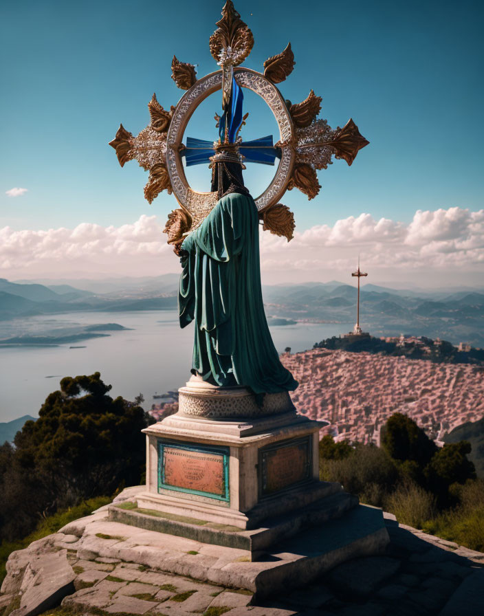 Scenic landscape with statue, lake, hills, and cross under blue sky