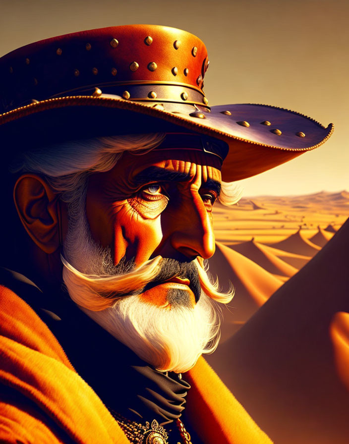 Elderly pirate with white beard in studded hat overlooking desert