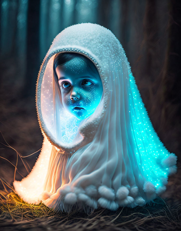Glowing blue child in illuminated white cloak in dim forest