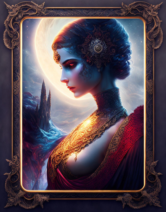Intricate fantasy portrait of noblewoman with elaborate jewelry and moonlit background.
