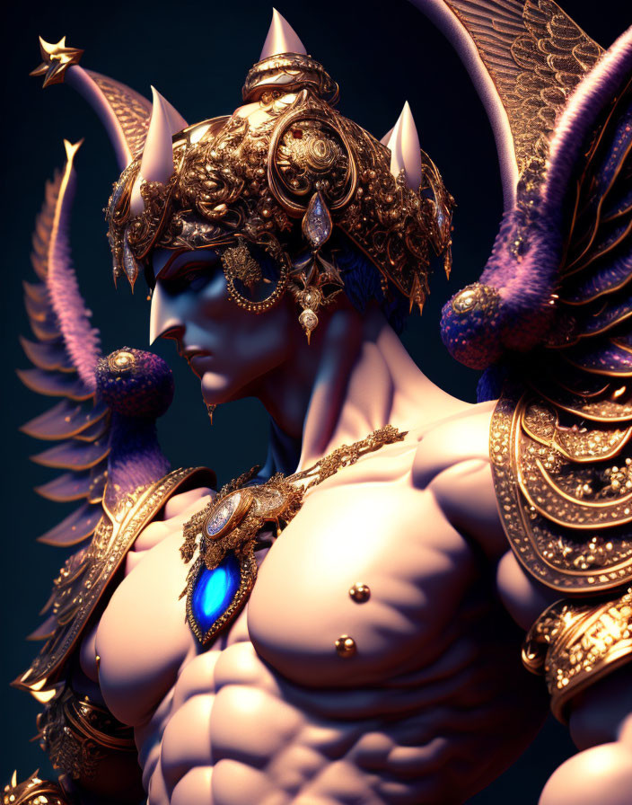Fantasy warrior in ornate golden armor with wings and horned helmet.
