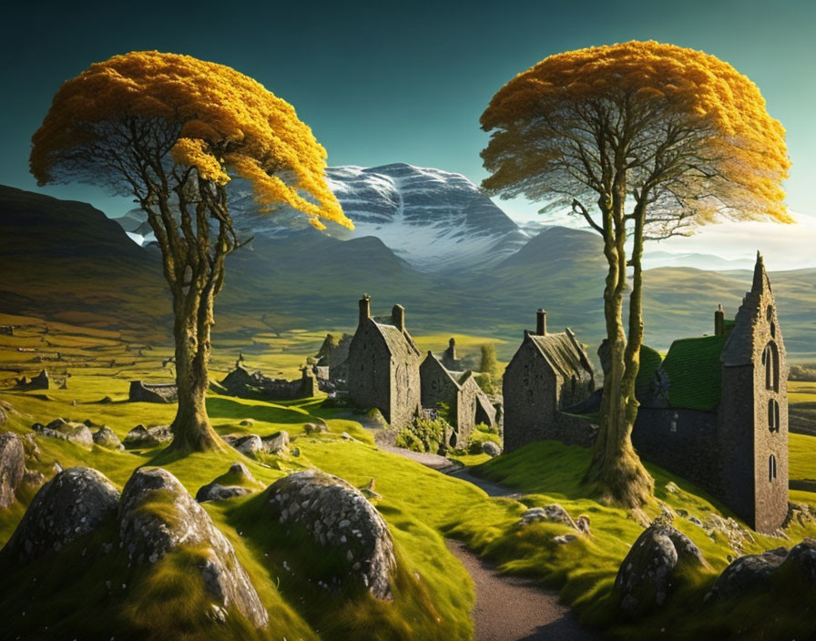 Vibrant fantasy landscape with green fields, stone buildings, yellow trees, and distant mountain