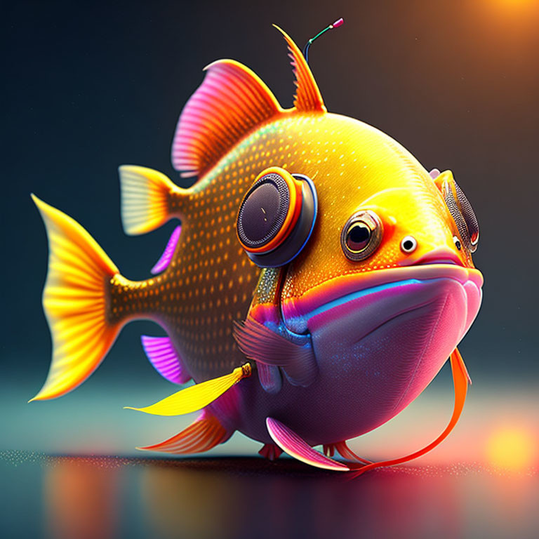 Colorful Fish Artwork with Headphones and Whimsical Design