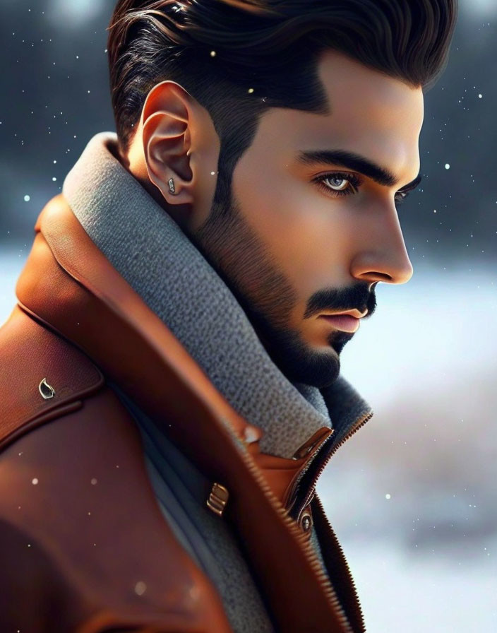Man with Beard and Styled Hair in Coat and Scarf Snowy Backdrop