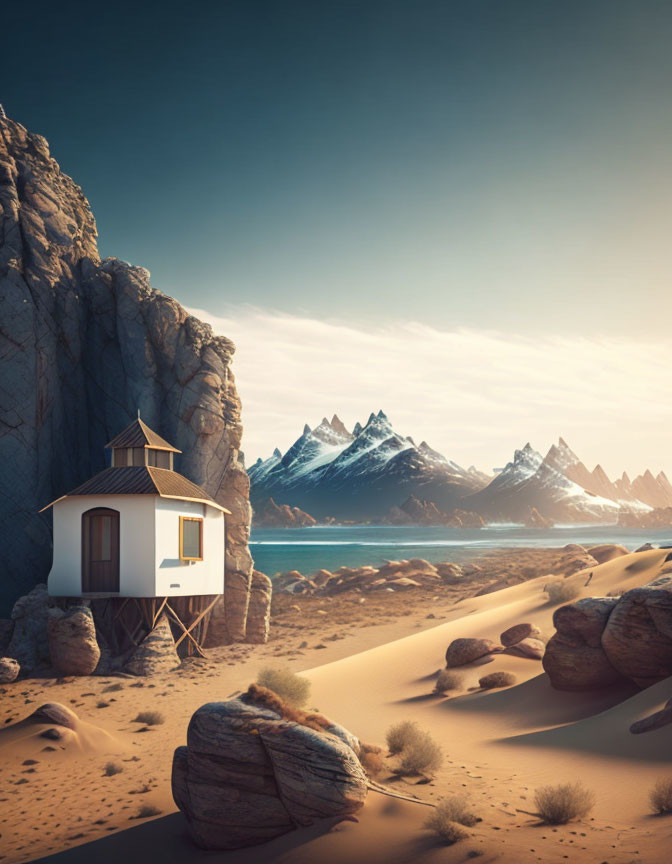Stilted hut in surreal desert with snowy mountains