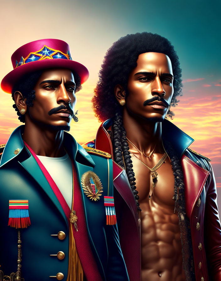 Stylized men in 70s outfits with afros against sunset