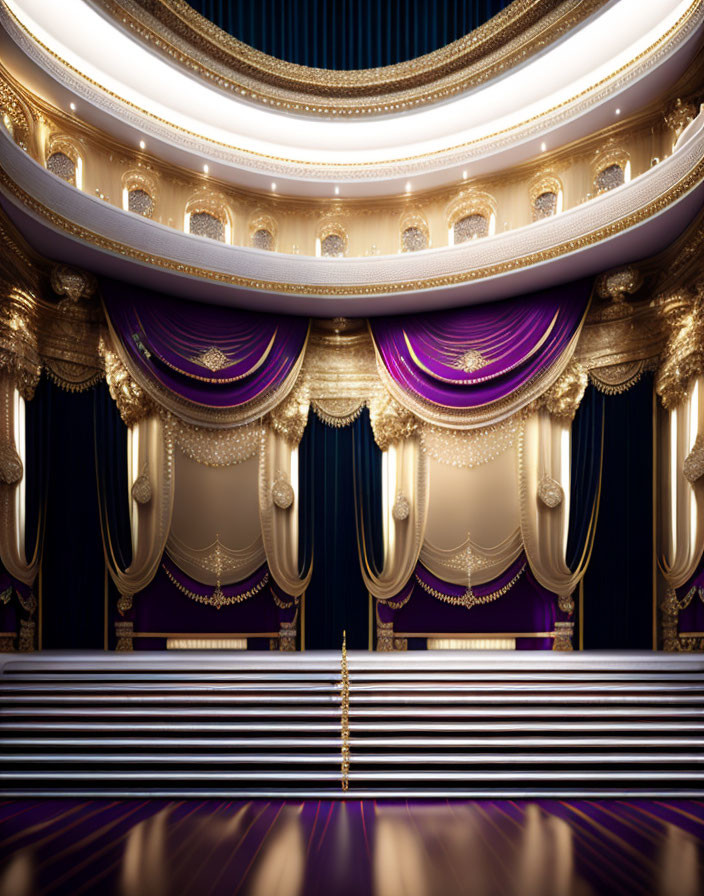 Opulent Theater Interior with Golden Balconies & Velvet Drapery