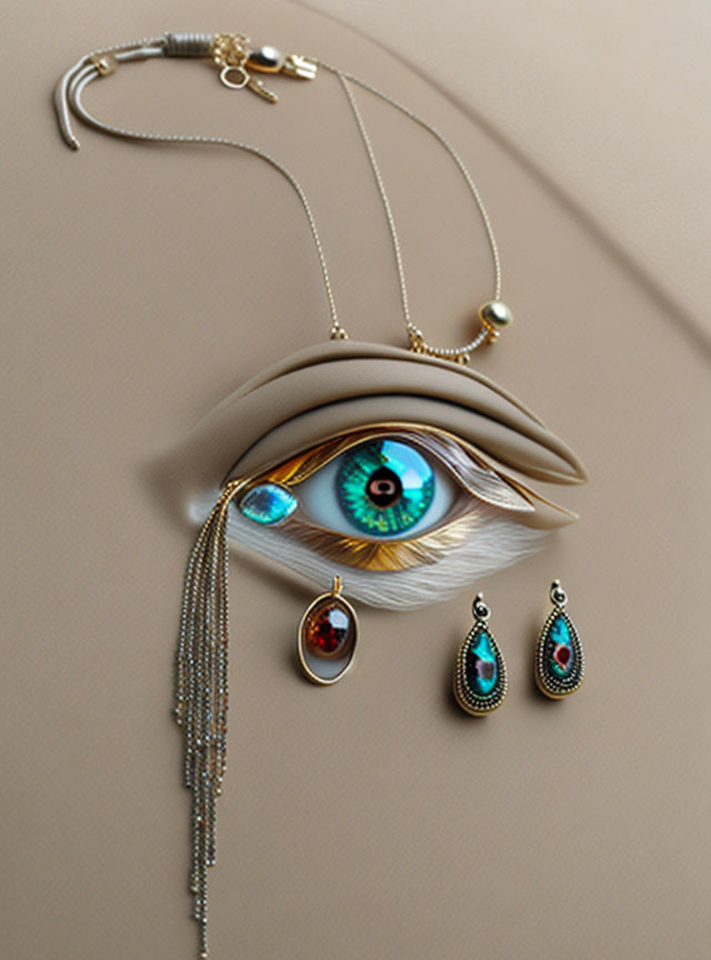 Realistic eye illustration with jewelry elements mimicking facial features