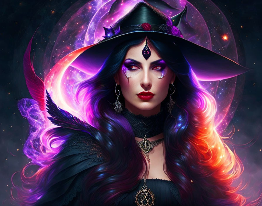 Colorful illustrated witch with long hair and pointed hat in mystical purple aura.