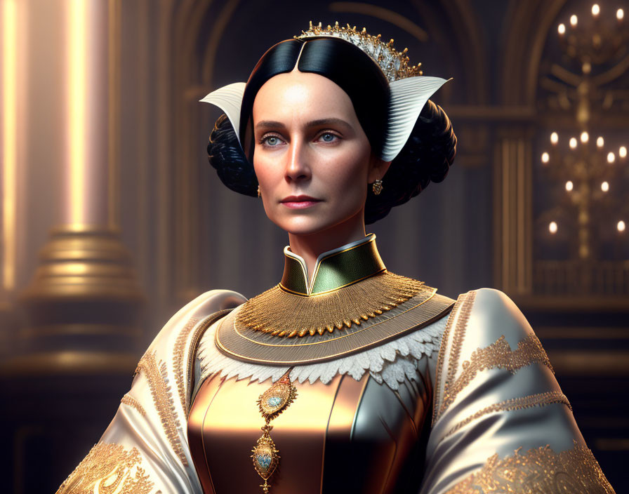 Sci-fi inspired digital artwork of woman in golden armor with elaborate headdress in regal hall