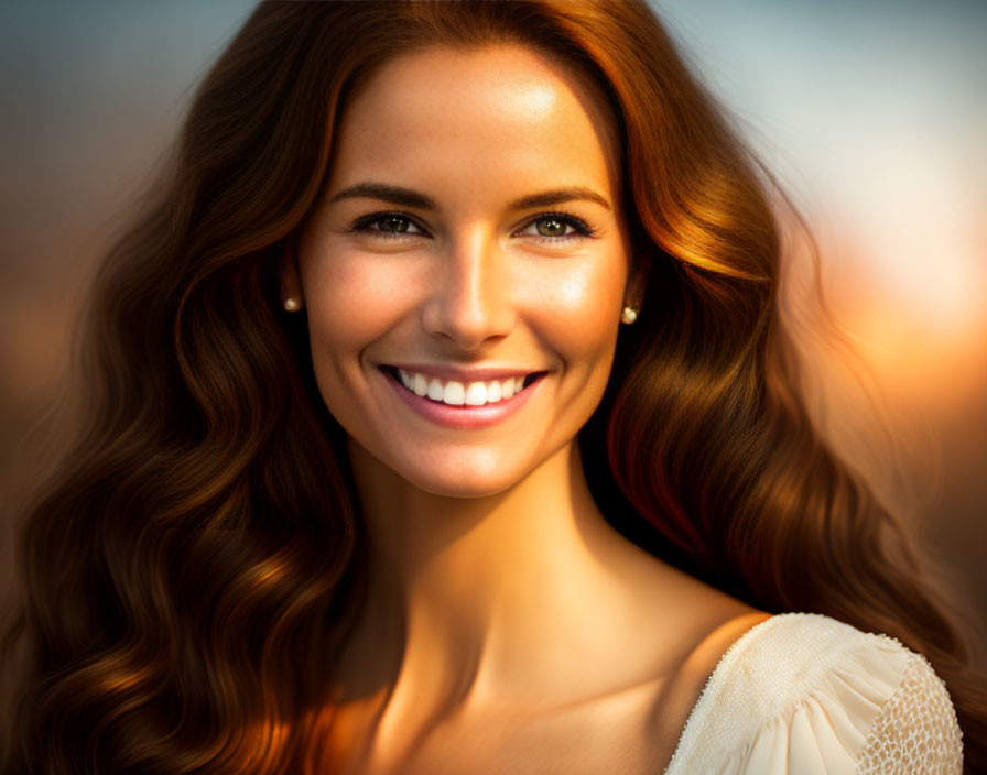 Smiling woman with long, curly hair in warm setting