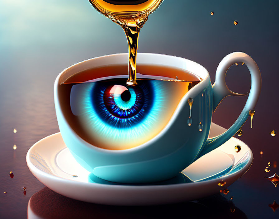 Surreal image of eye in teacup with liquid splashes on red background