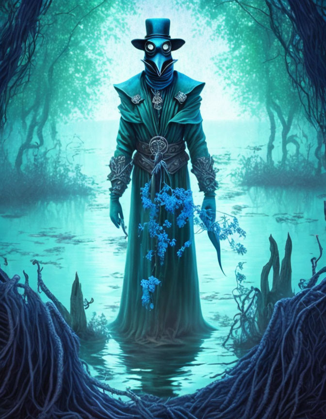 Mysterious figure in teal cloak with plague doctor mask in swamp with blue flowers