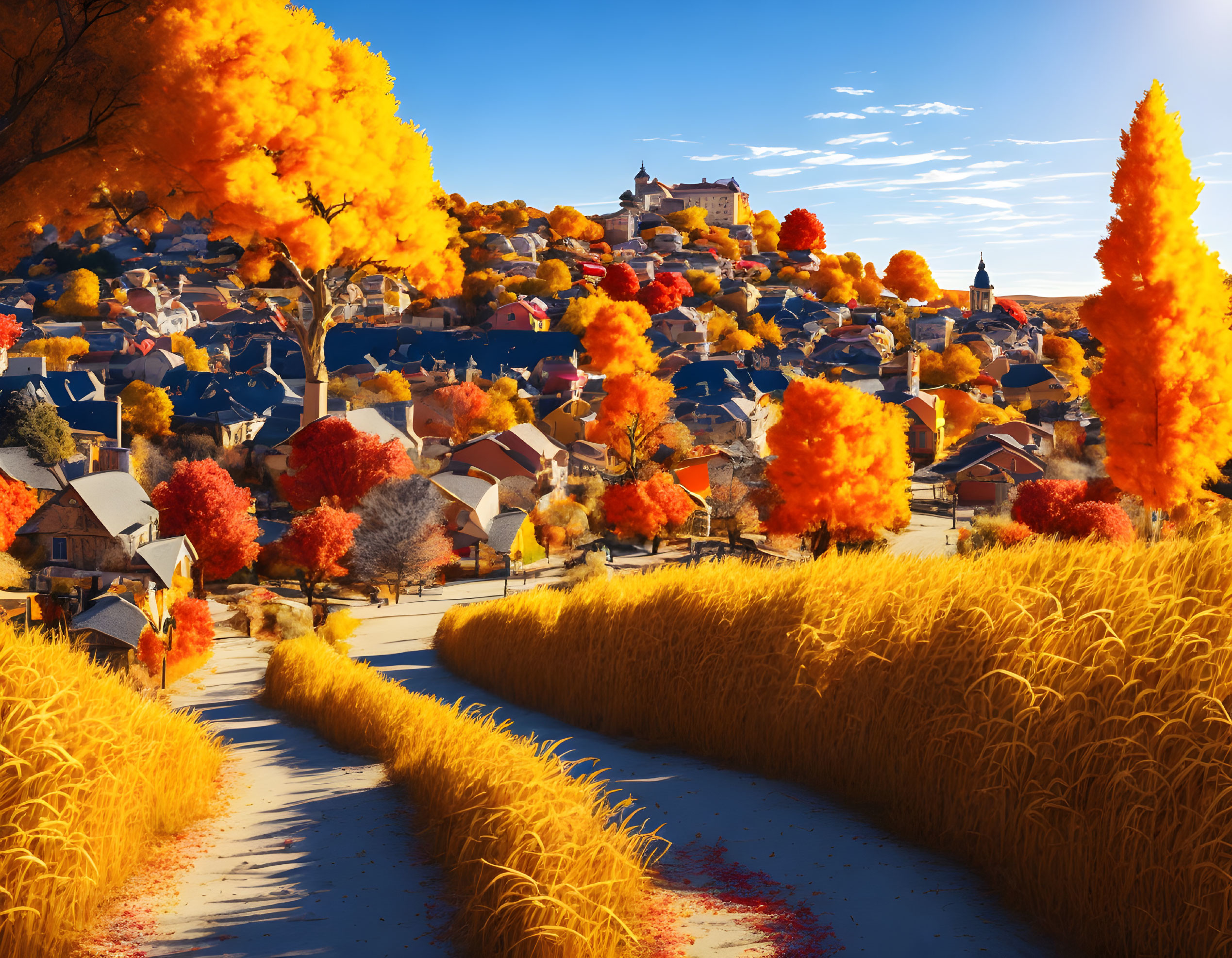 Scenic village with autumn foliage, wheat fields, and winding road