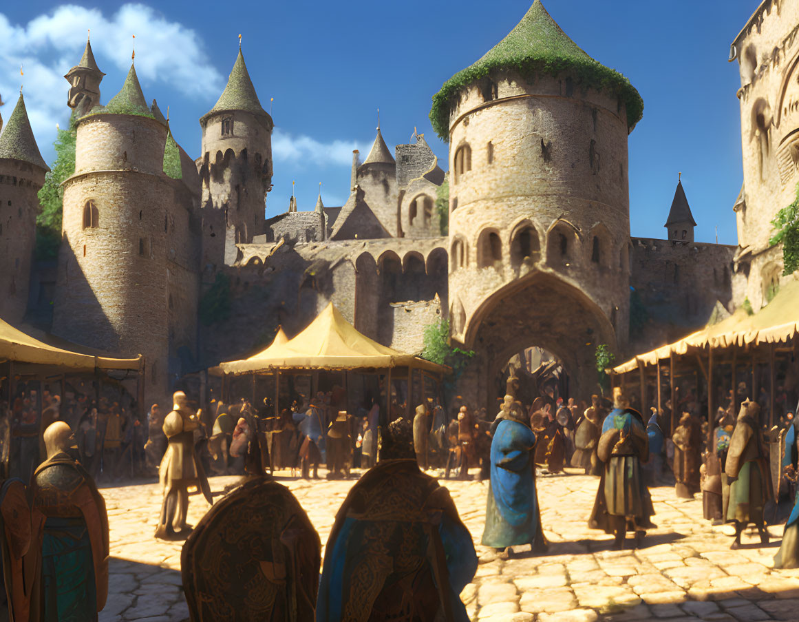 Medieval marketplace in castle walls with towers, merchants, and townsfolk