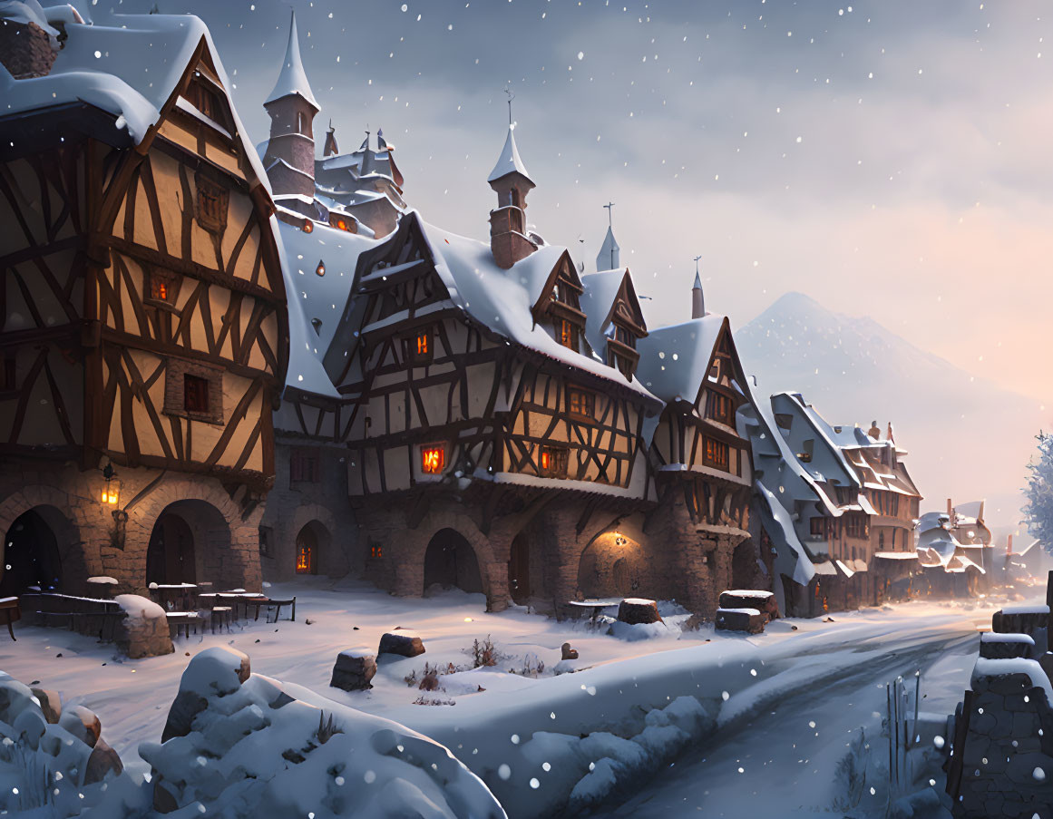 Snowy village scene at dusk with half-timbered houses, stone bridge, and castle in