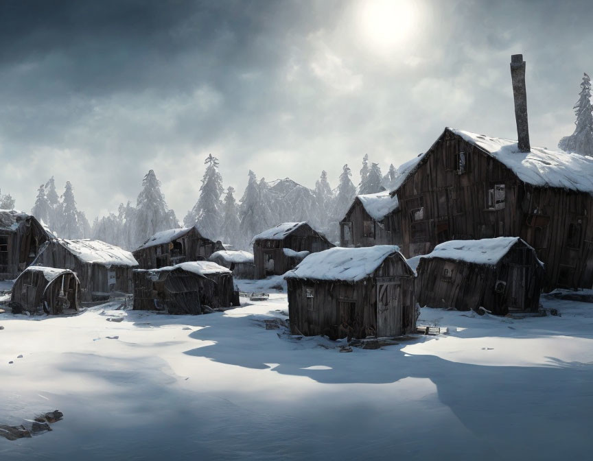 Snowy landscape with old wooden cabins under cloudy sky and smoke rising from chimney