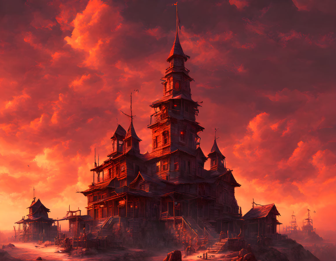 Tall wooden structure against fiery-red sky with apocalyptic vibe