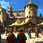 Medieval marketplace in castle walls with towers, merchants, and townsfolk