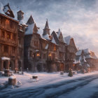 Snowy village scene at dusk with half-timbered houses, stone bridge, and castle in