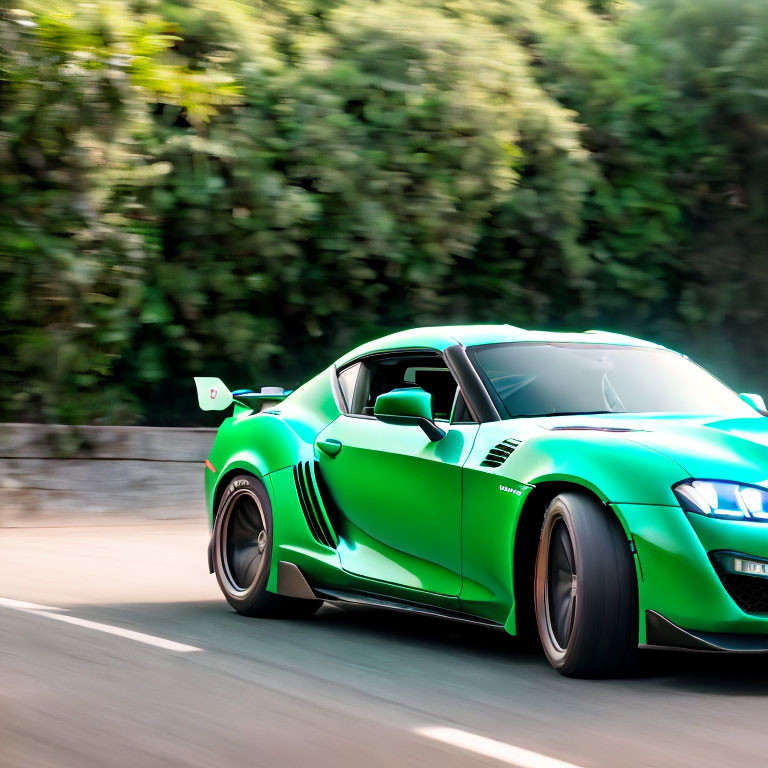 Bright Green Sports Car Speeding on Blurred Forest Roadway