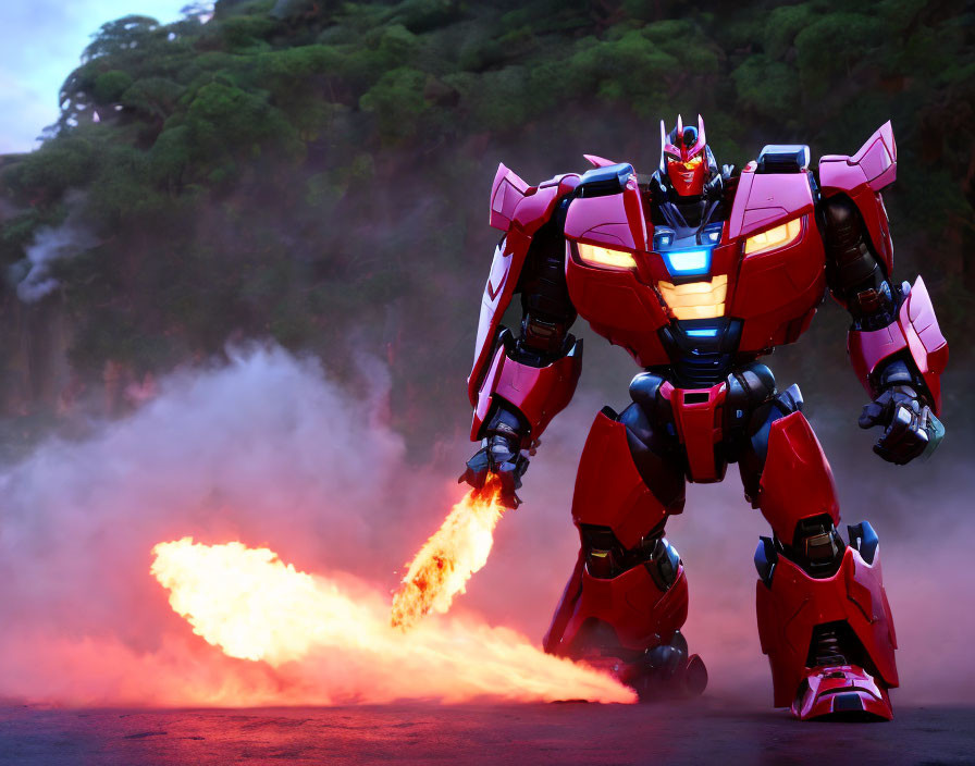 Giant red and blue robot emitting fire in misty forest