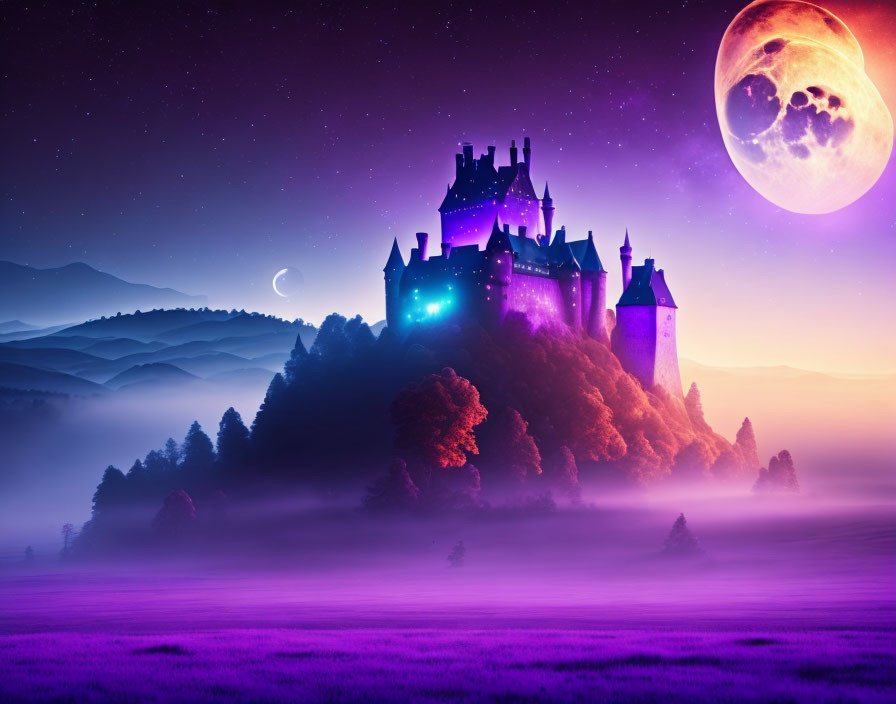Fantastical purple castle in mystical landscape with moon and planet