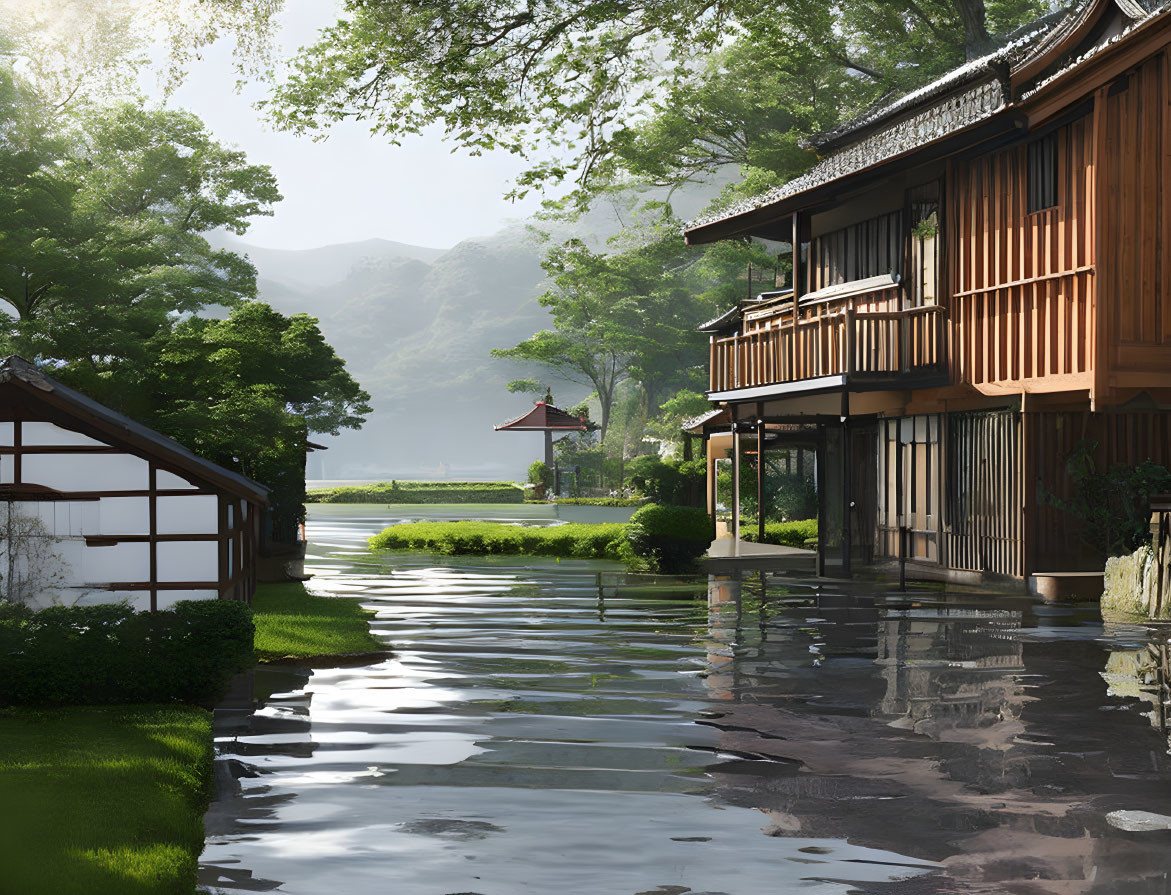 a town in a rural japan village is raining