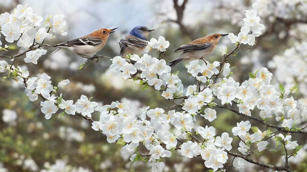 Birds on flowering branch with white blossoms in soft focus background