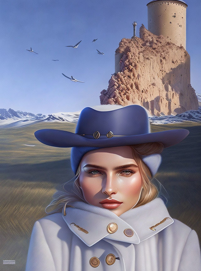 Digital artwork: Woman in blue hat with surreal tower backdrop