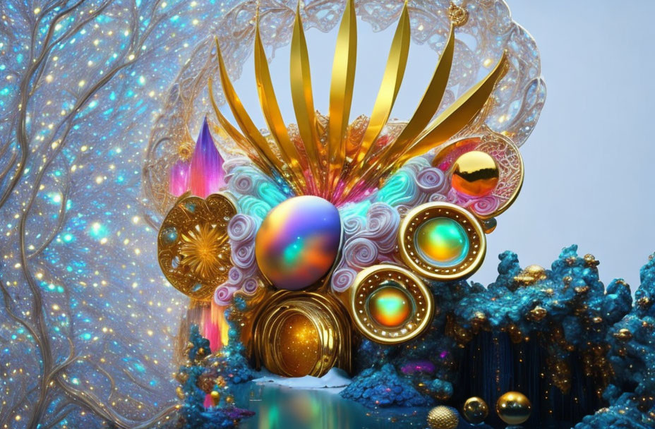 Colorful digital artwork with iridescent orbs, golden structures, and blue crystals on celestial background