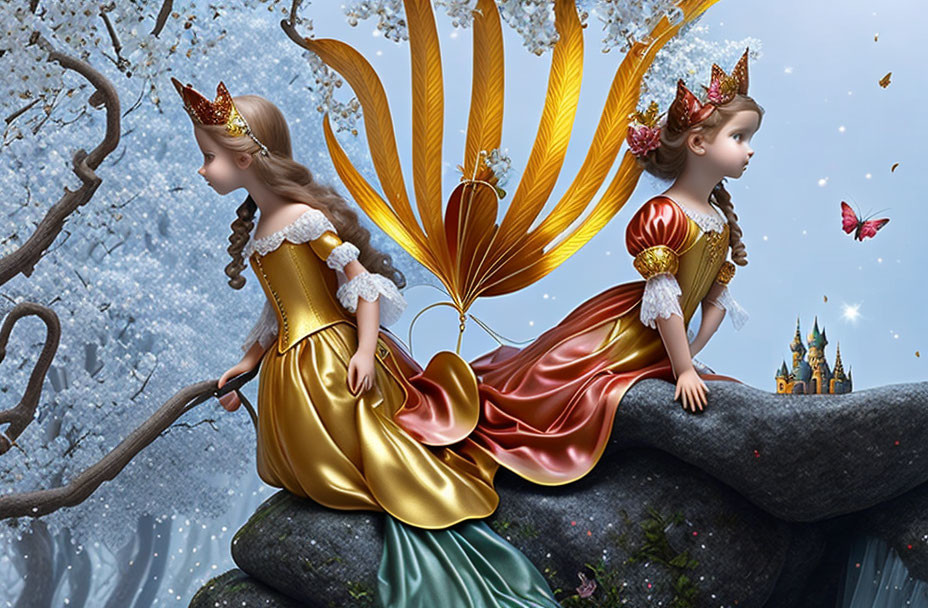 Two girls in princess costumes with golden crowns and wings in fantasy setting.