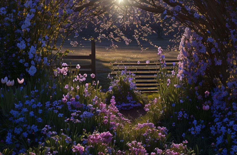 Tranquil garden scene at dusk with blooming flowers and illuminated tree