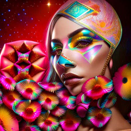 Colorful geometric makeup on a woman with neon flowers against a starry backdrop
