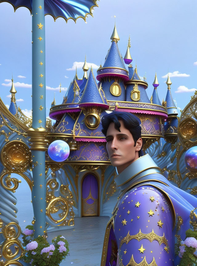 Digitally created male figure in front of blue and gold castle