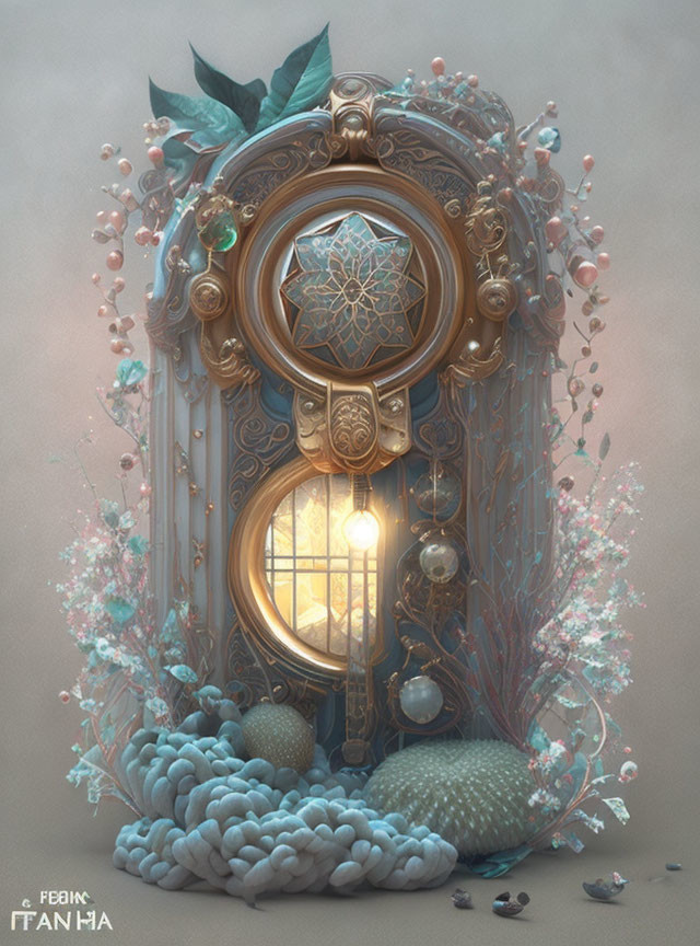 Fantasy-inspired ornate doorway with pastel colors and whimsical flora.