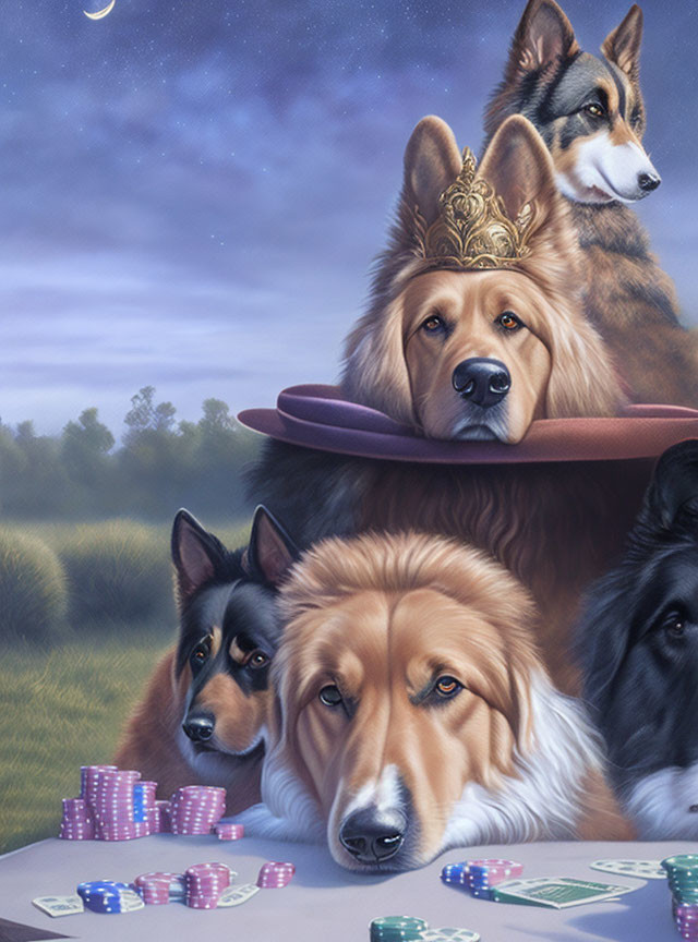 Four dogs playing poker with crown, chips, under starry sky