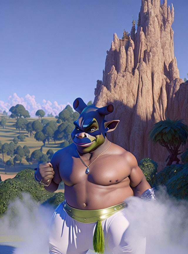 Animated bull character with nose ring and green sash in scenic background.