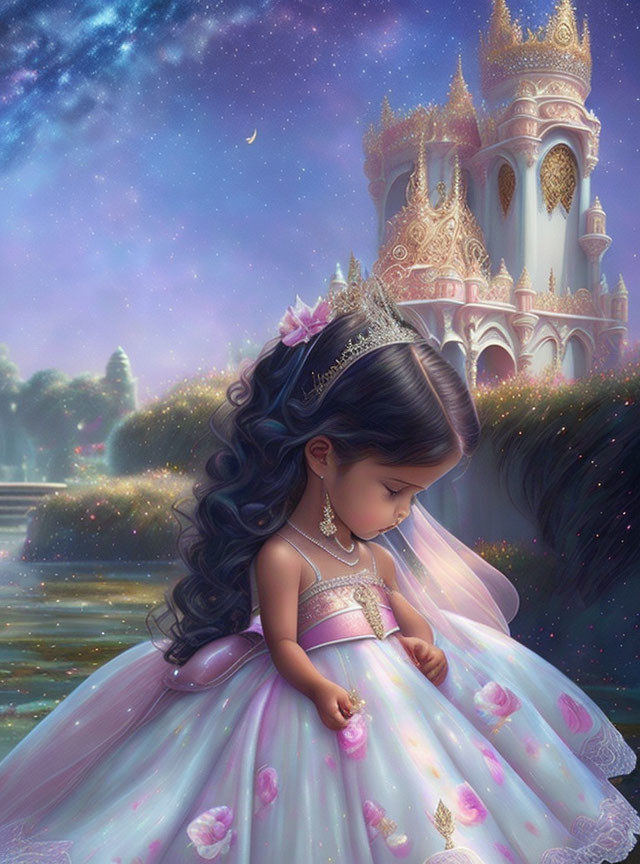 Animated princess in lavender gown with castle and starry sky.