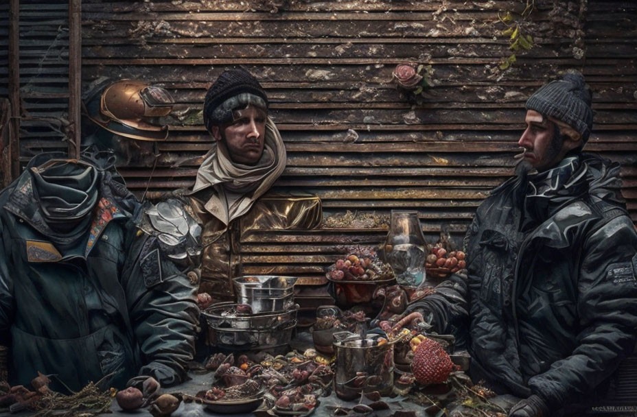 Post-apocalyptic scene: Three figures dining with fruits in armor.