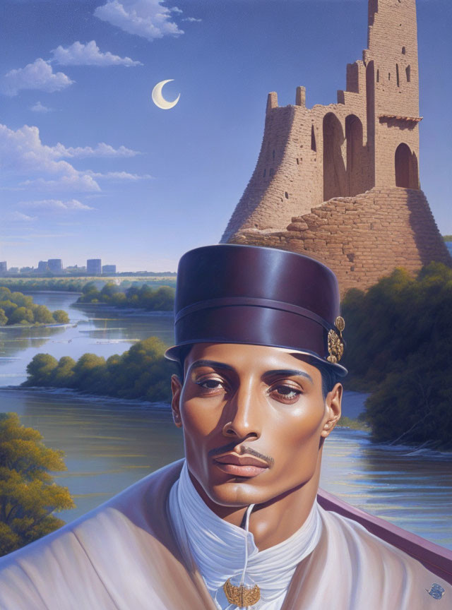 Stylized portrait of a man in leather cap and turtleneck with river landscape and castle under